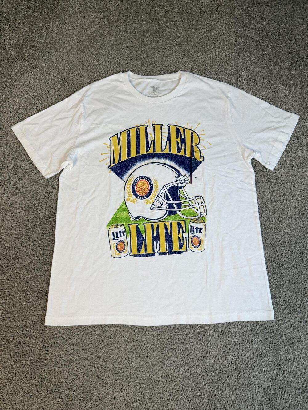 Miller Lite Shirt Mens XL White Football Helmet Logo Graphic Crew Neck